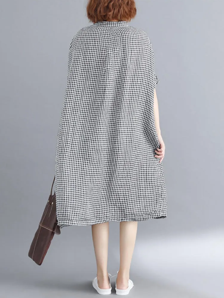 Loose Casual Short Sleeve Button Plaid Shirt Women Midi Dress