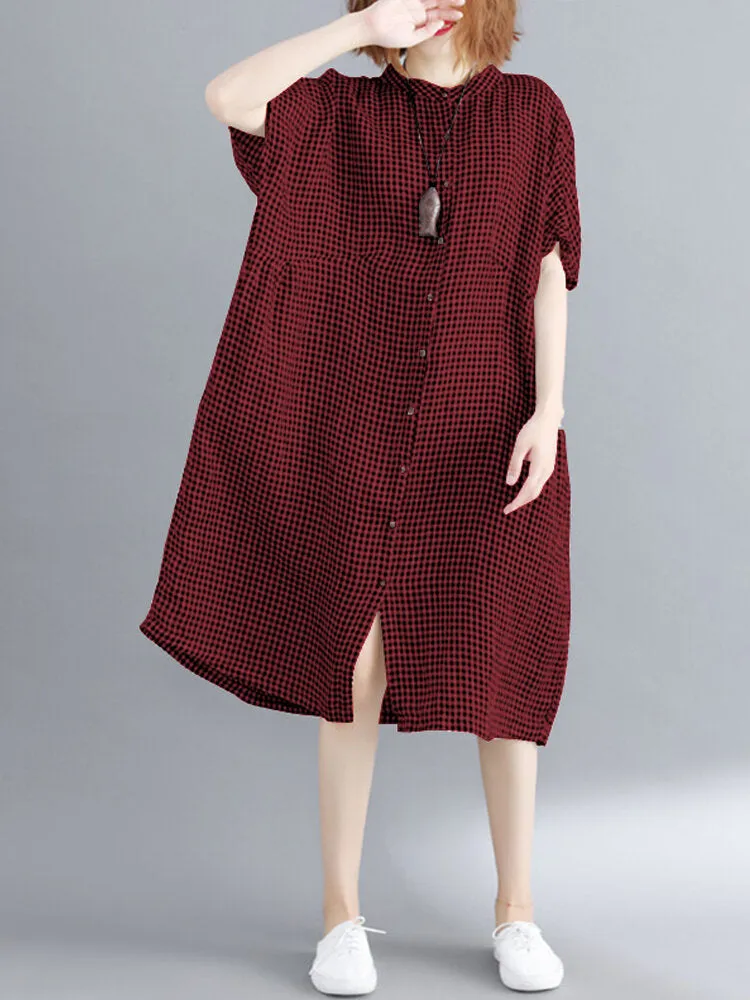Loose Casual Short Sleeve Button Plaid Shirt Women Midi Dress