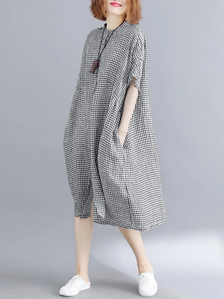 Loose Casual Short Sleeve Button Plaid Shirt Women Midi Dress
