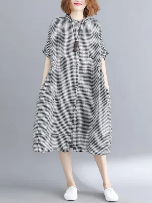 Loose Casual Short Sleeve Button Plaid Shirt Women Midi Dress