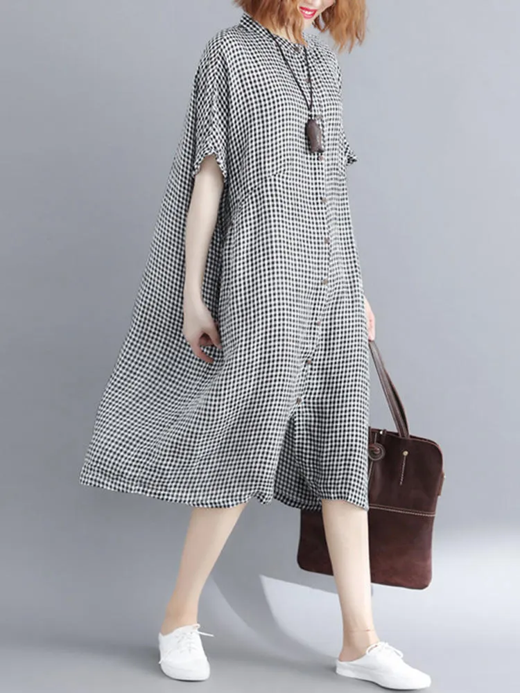 Loose Casual Short Sleeve Button Plaid Shirt Women Midi Dress