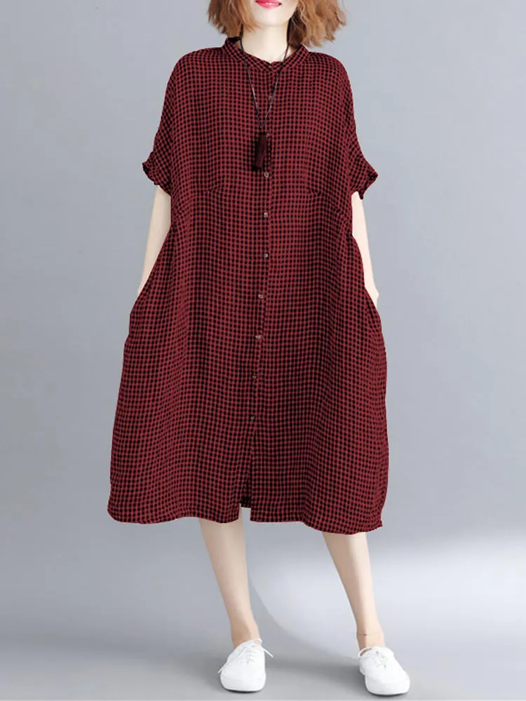 Loose Casual Short Sleeve Button Plaid Shirt Women Midi Dress