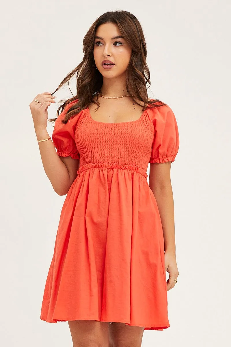 Orange Puff Sleeve Linen Shirred Skater Dress