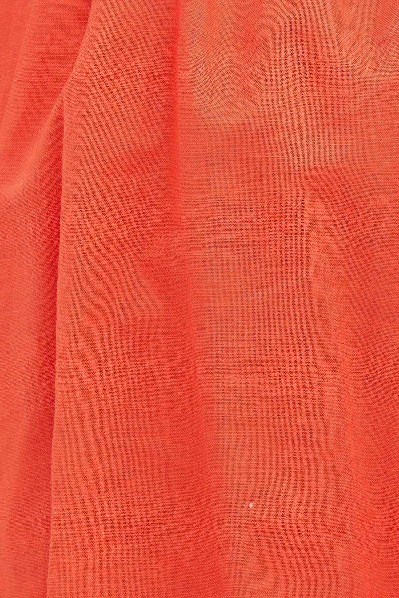 Orange Puff Sleeve Linen Shirred Skater Dress