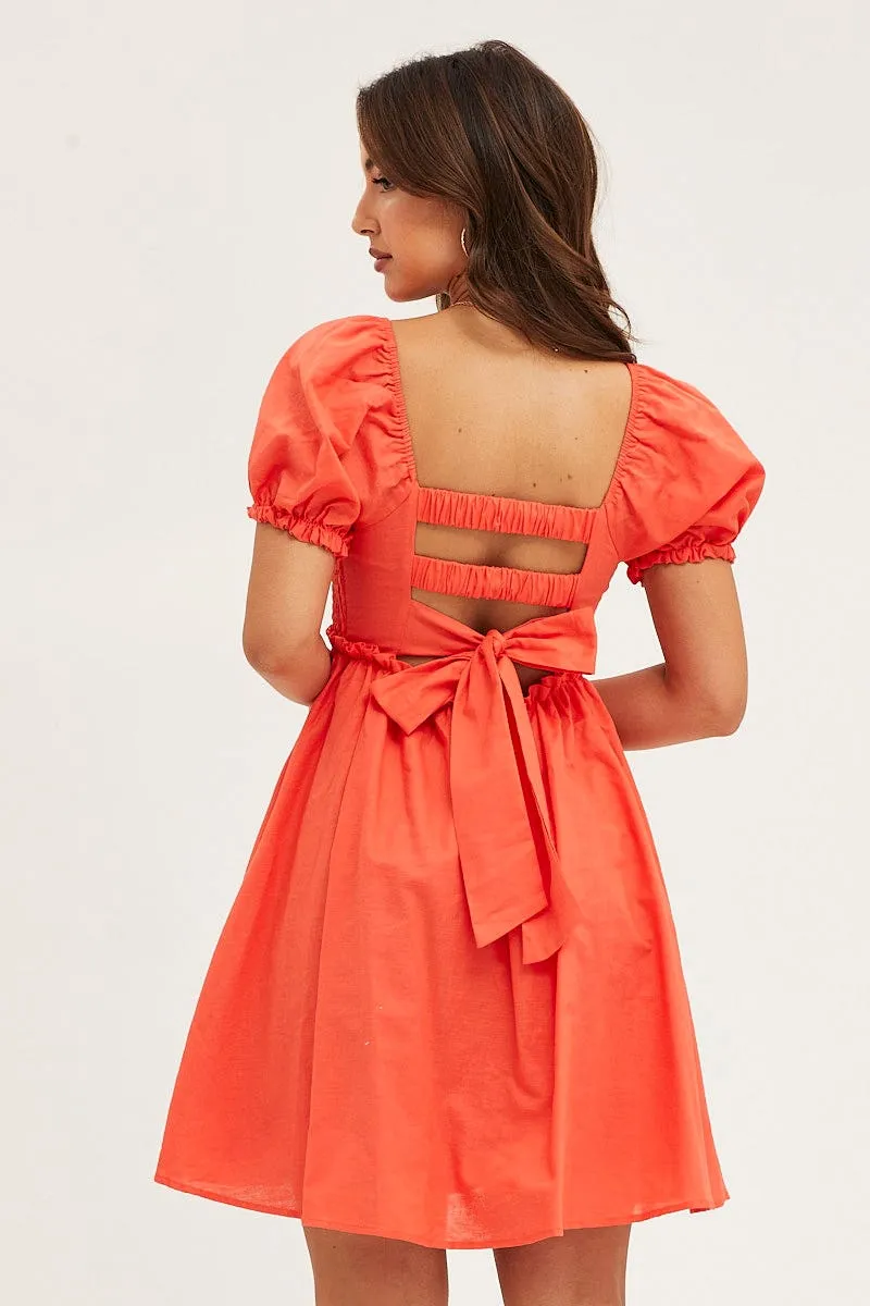 Orange Puff Sleeve Linen Shirred Skater Dress
