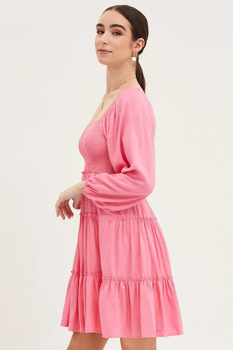 Pink Fit And Flare Dress Long Sleeve Square Neck
