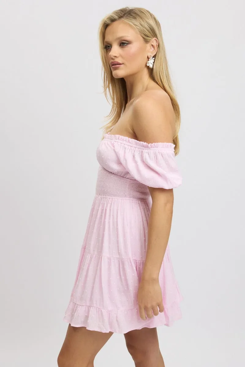Pink Fit And Flare Dress Puff Sleeve Mini
