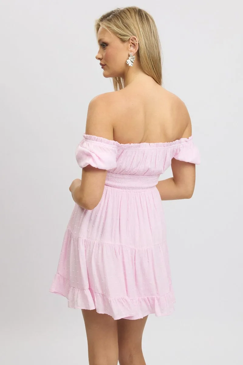 Pink Fit And Flare Dress Puff Sleeve Mini