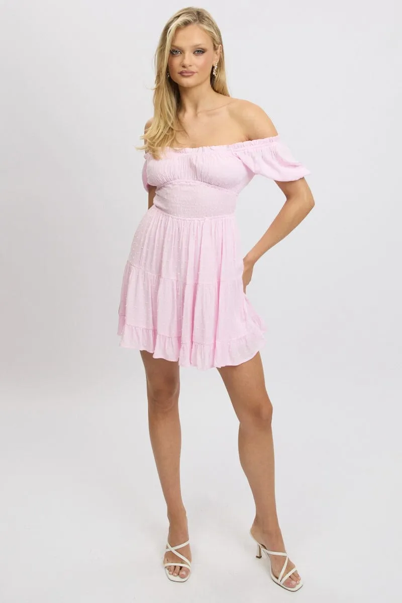 Pink Fit And Flare Dress Puff Sleeve Mini