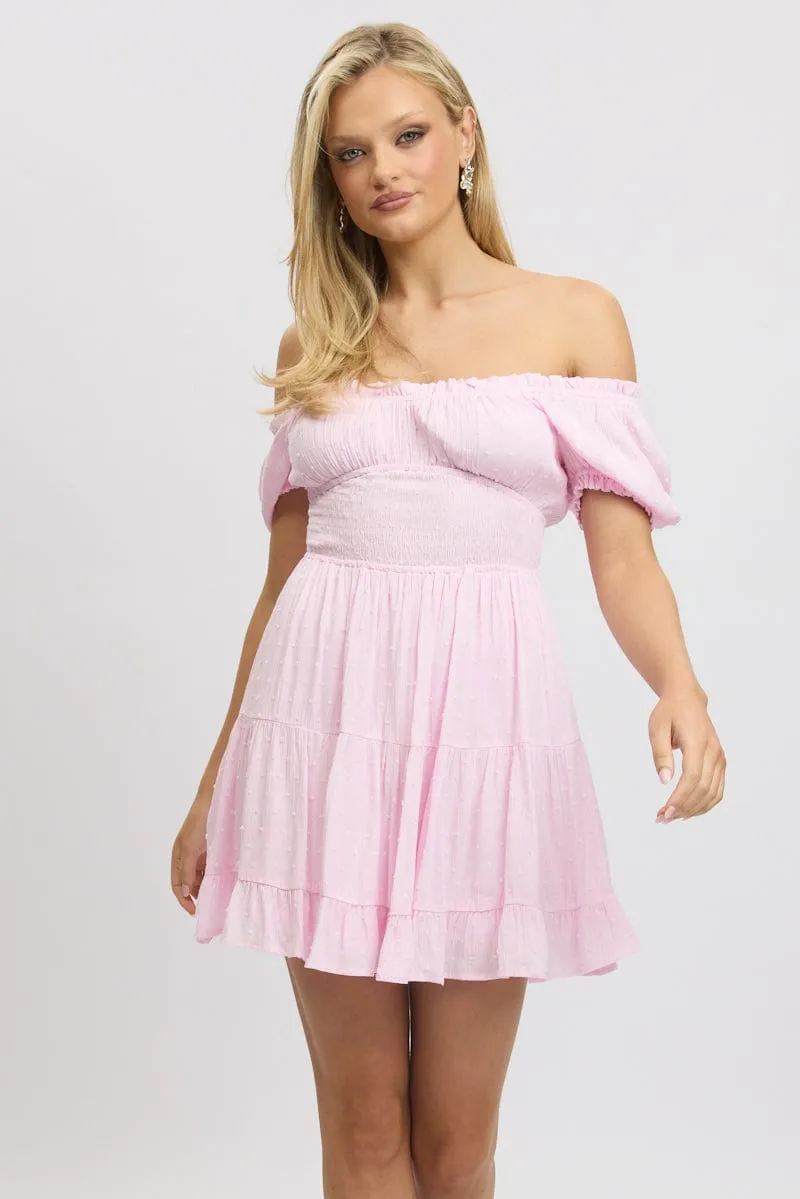 Pink Fit And Flare Dress Puff Sleeve Mini