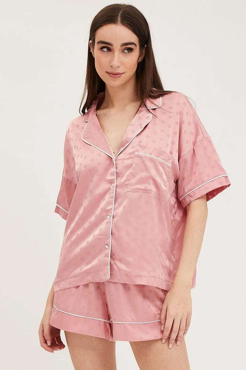 Pink Satin Pajamas Set Short Sleeve
