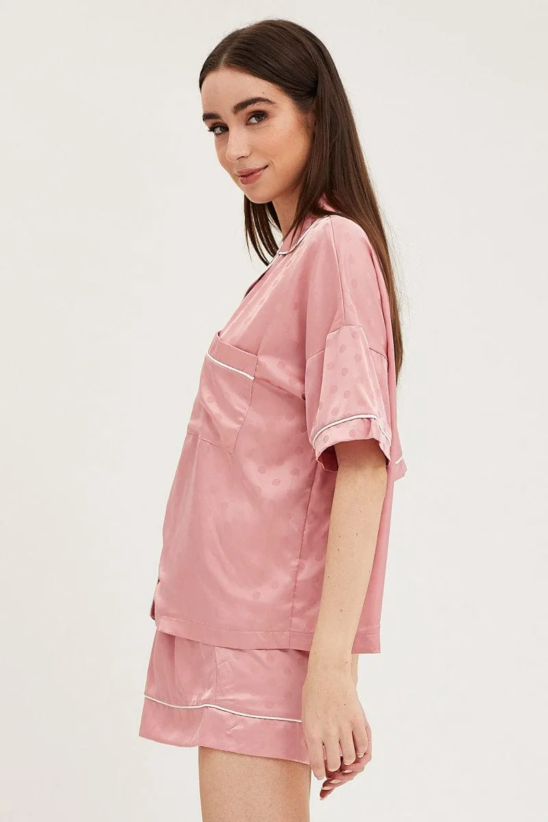 Pink Satin Pajamas Set Short Sleeve