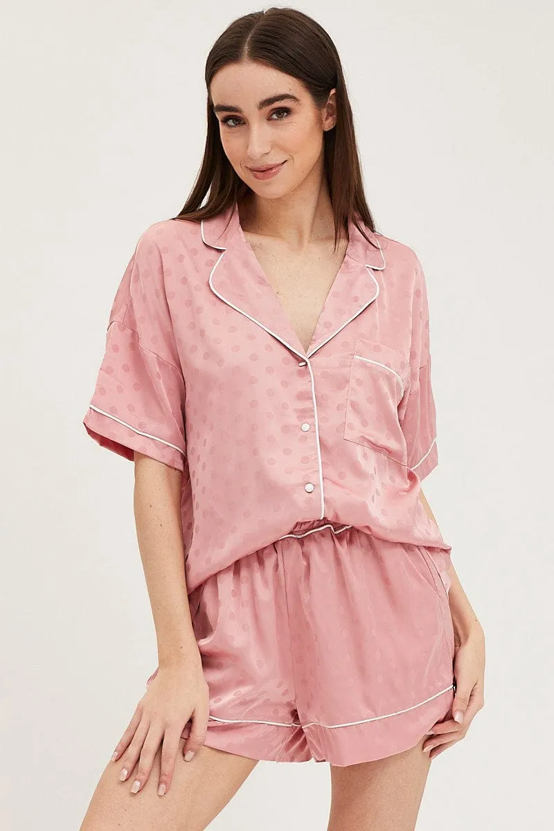 Pink Satin Pajamas Set Short Sleeve
