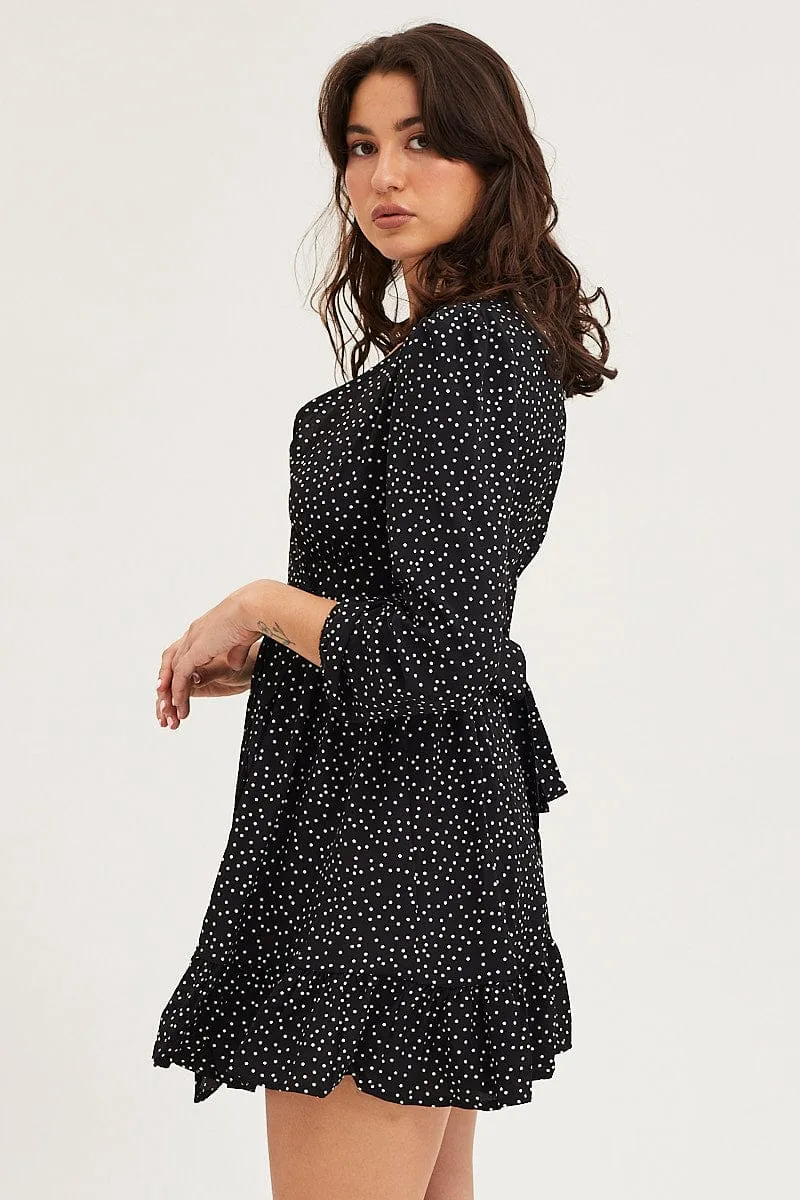 Polka Dot Wrap Dress Long Sleeve Mini
