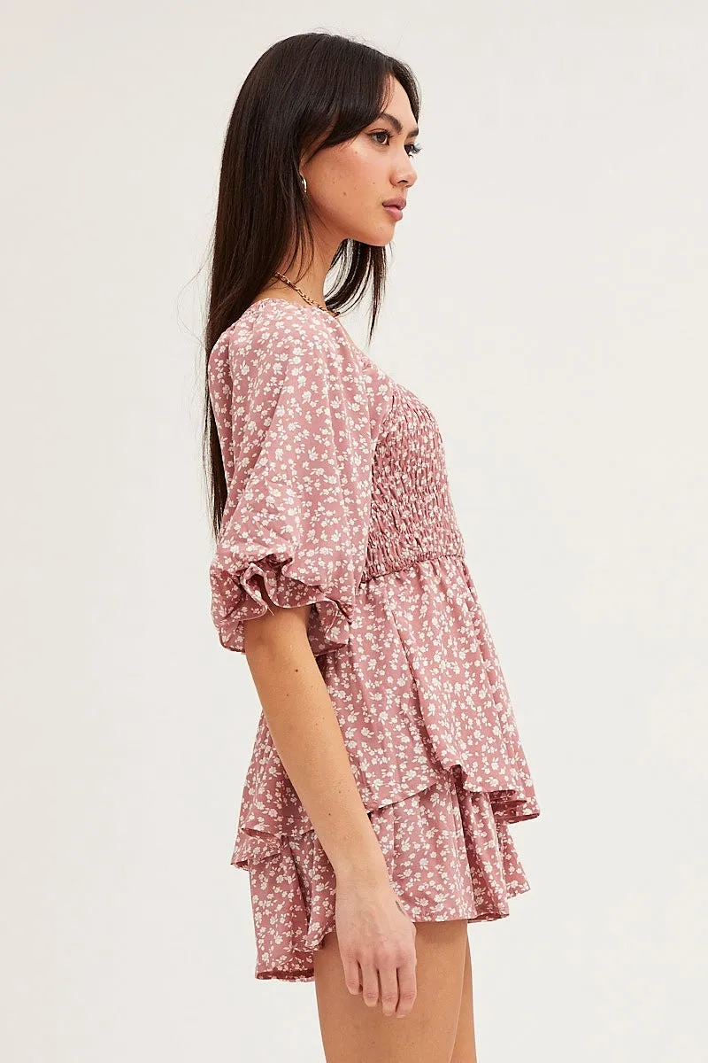 Print Playsuit Short Sleeve Square Neck