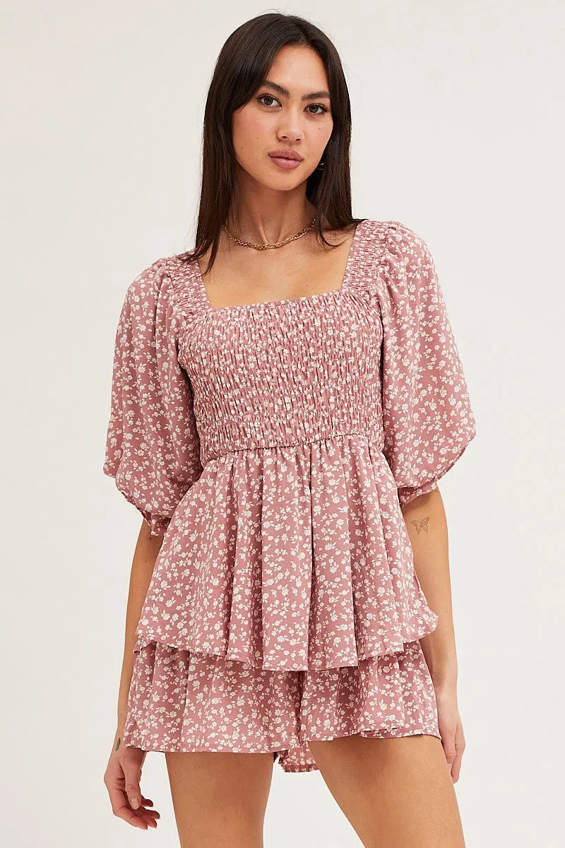 Print Playsuit Short Sleeve Square Neck