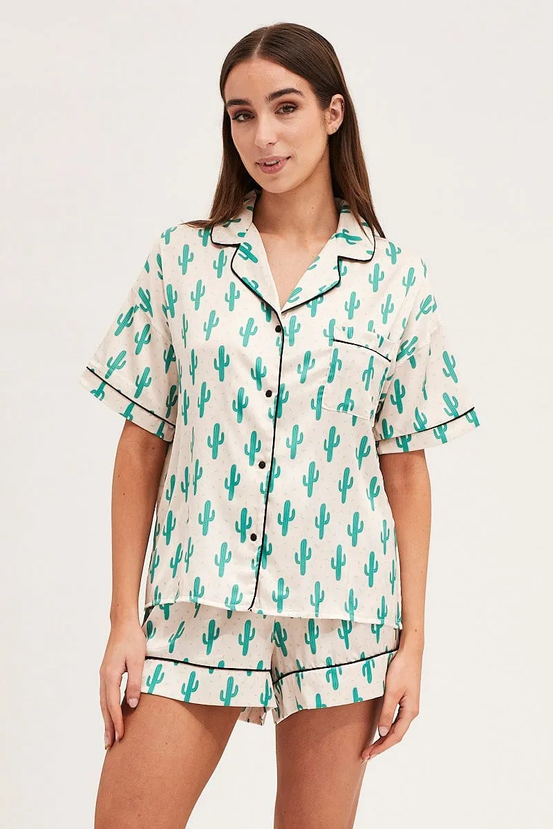 Print Short Sleeve Top & Shorts Satin Pj Set