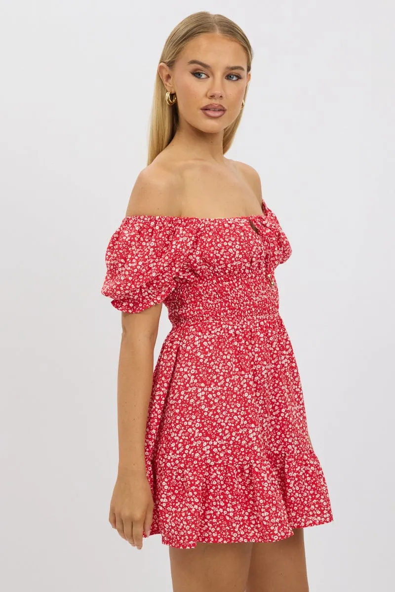 Red Ditsy Fit And Flare Dress Mini