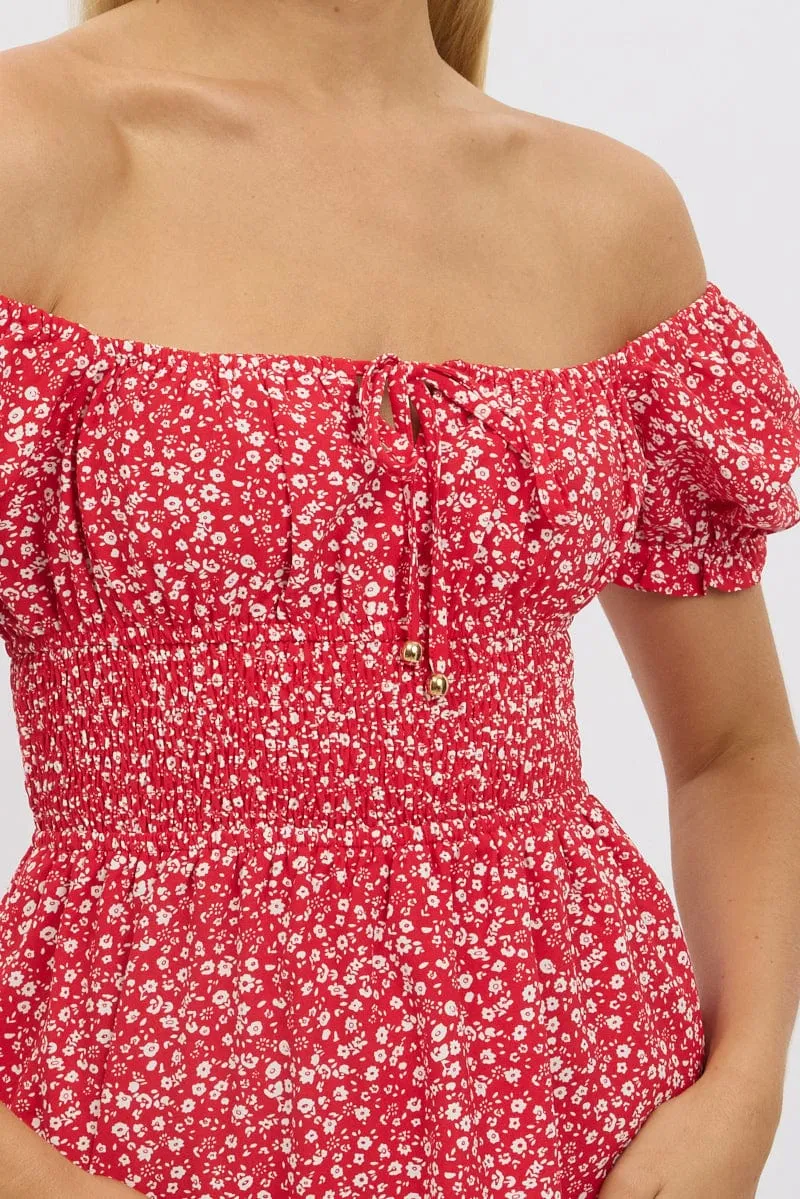 Red Ditsy Fit And Flare Dress Mini