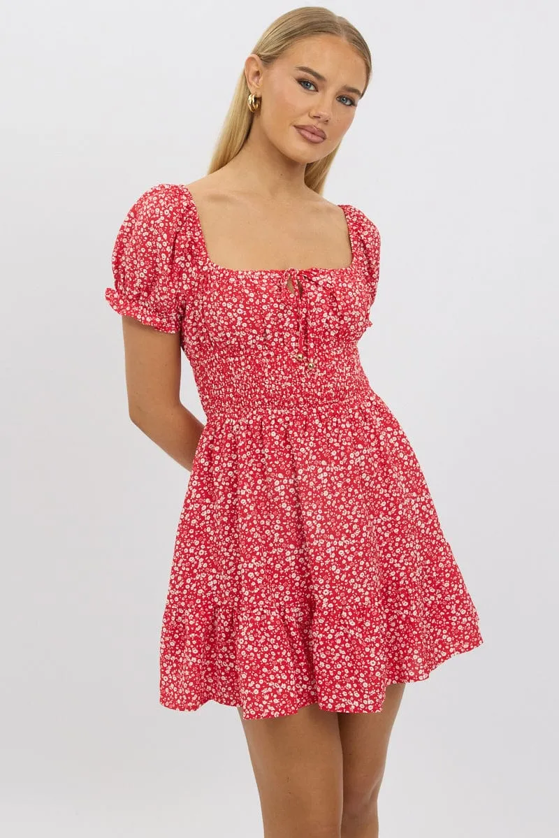 Red Ditsy Fit And Flare Dress Mini
