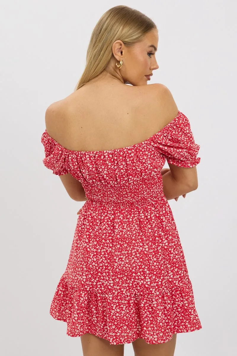 Red Ditsy Fit And Flare Dress Mini