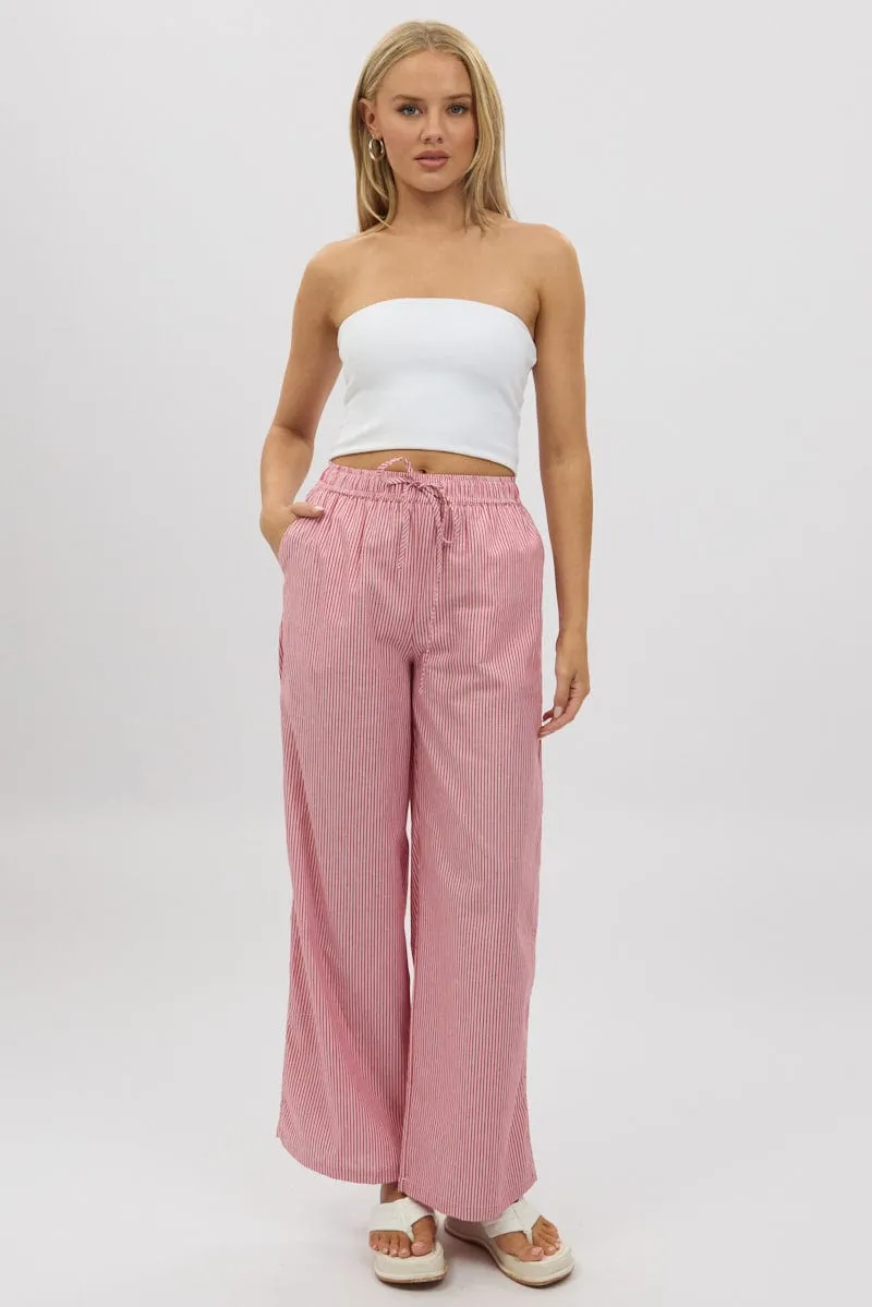 Red Stripe Wide Leg Pants High Rise