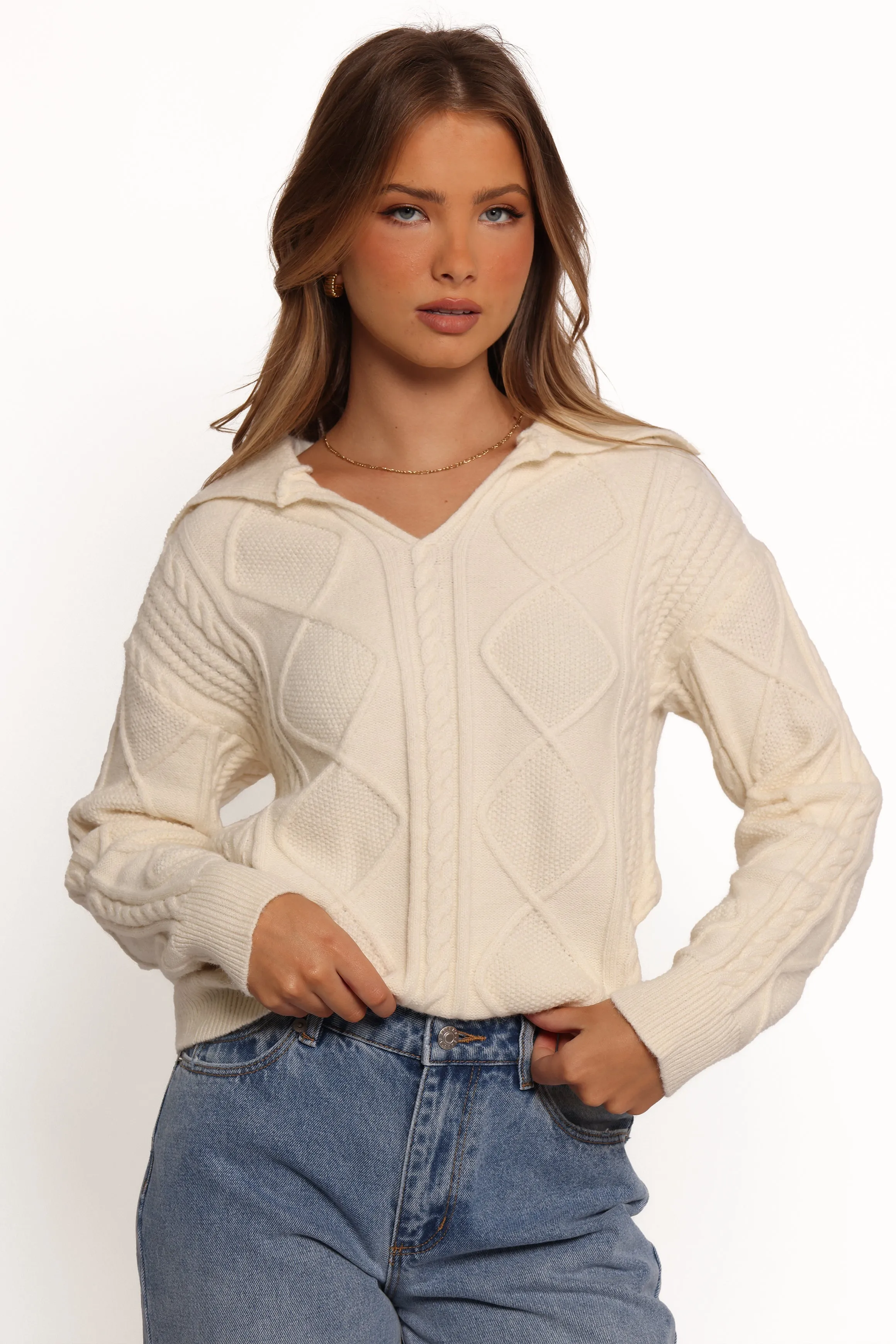 Robbie Collar Neck Cable Knit Sweater - Cream
