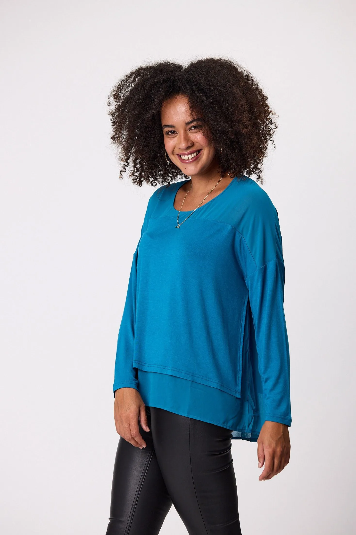 Shine On Label Remy Long Sleeve Overlay Top Teal