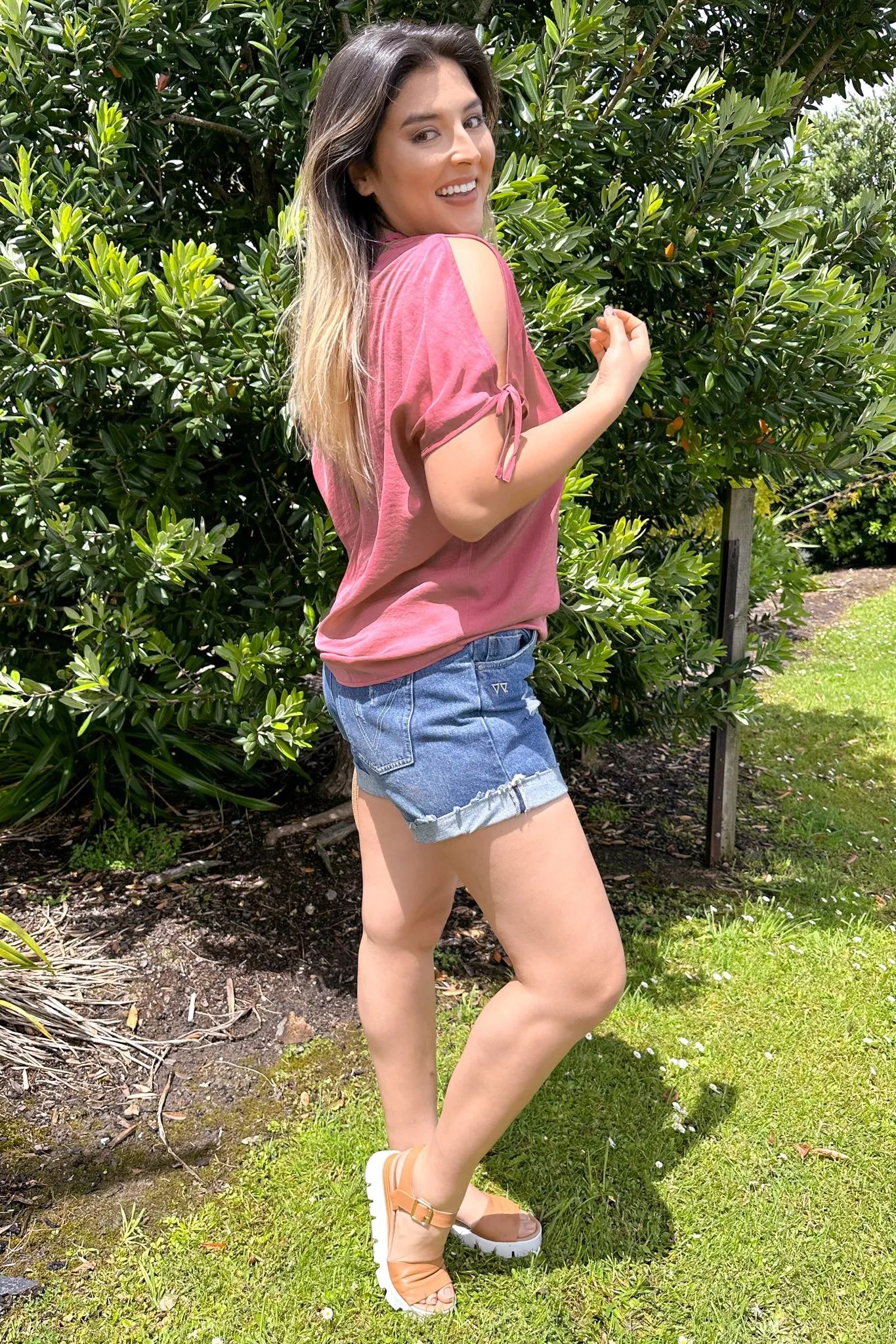 Shine On Label Willow Cold Shoulder Top Rose Pink