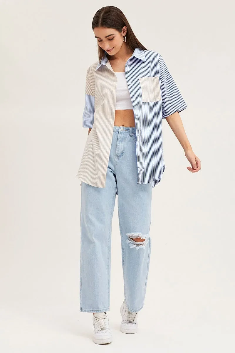 Stripe Half Sleeve Stripe Longline Shirt
