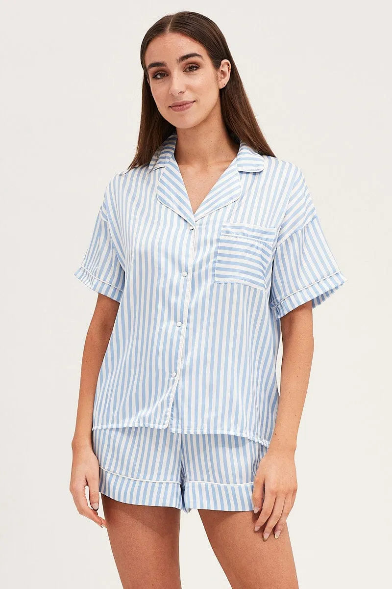 Stripe Satin Short Sleeve Top & Shorts Pj Set