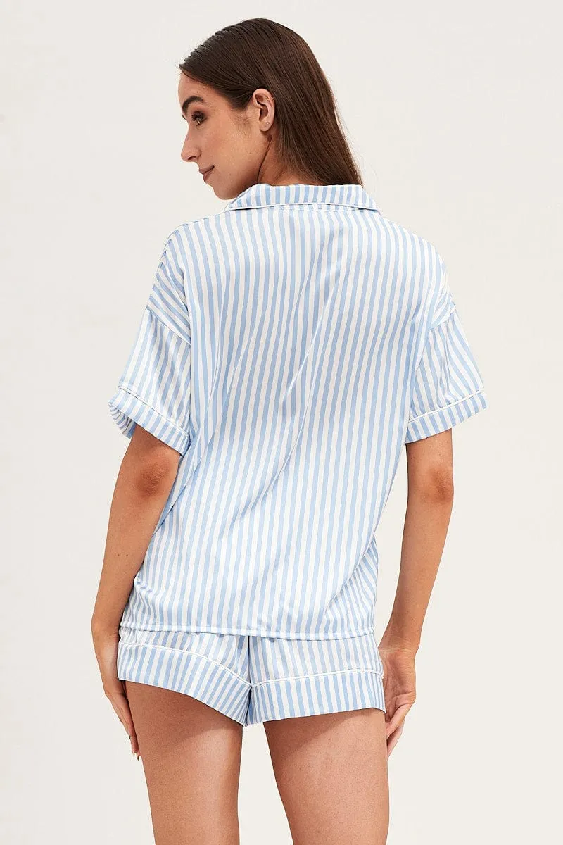 Stripe Satin Short Sleeve Top & Shorts Pj Set