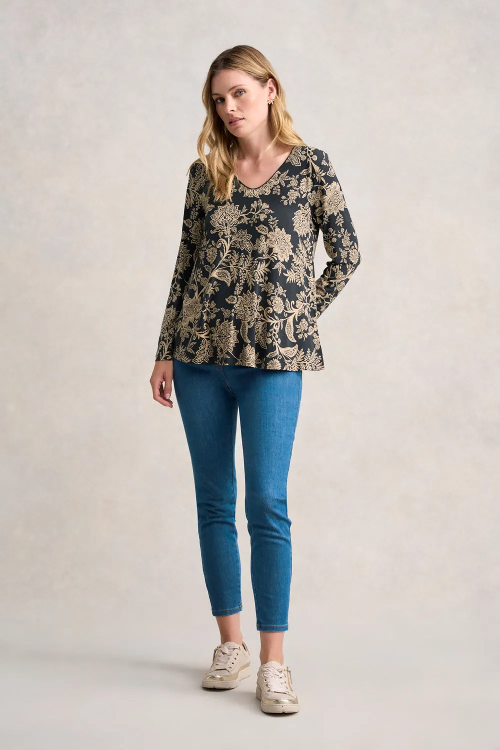 V-Neck Relaxed T-Shirt - Black & Stone Paisley
