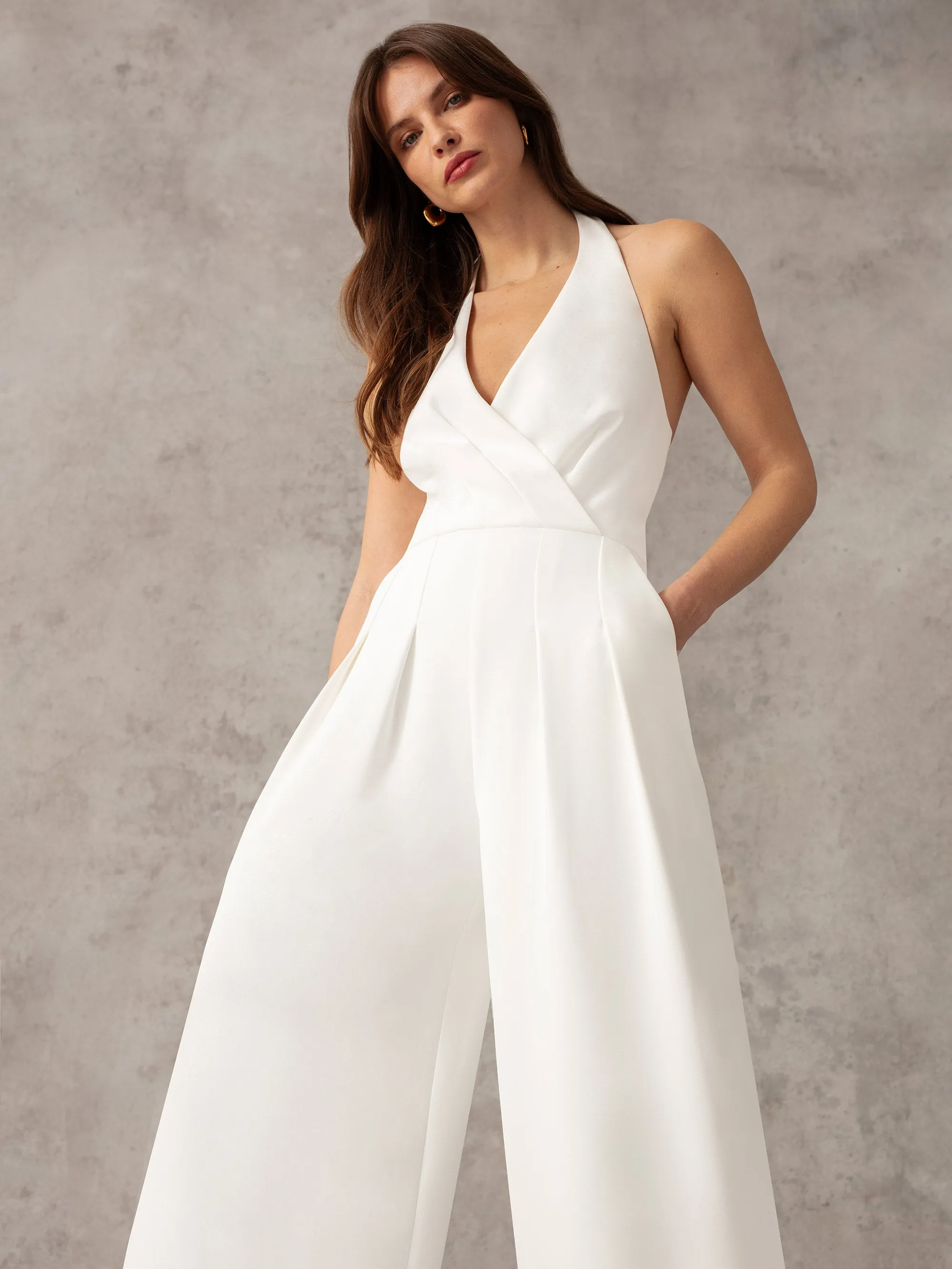 White Crepe Halterneck Wide Leg Jumpsuit