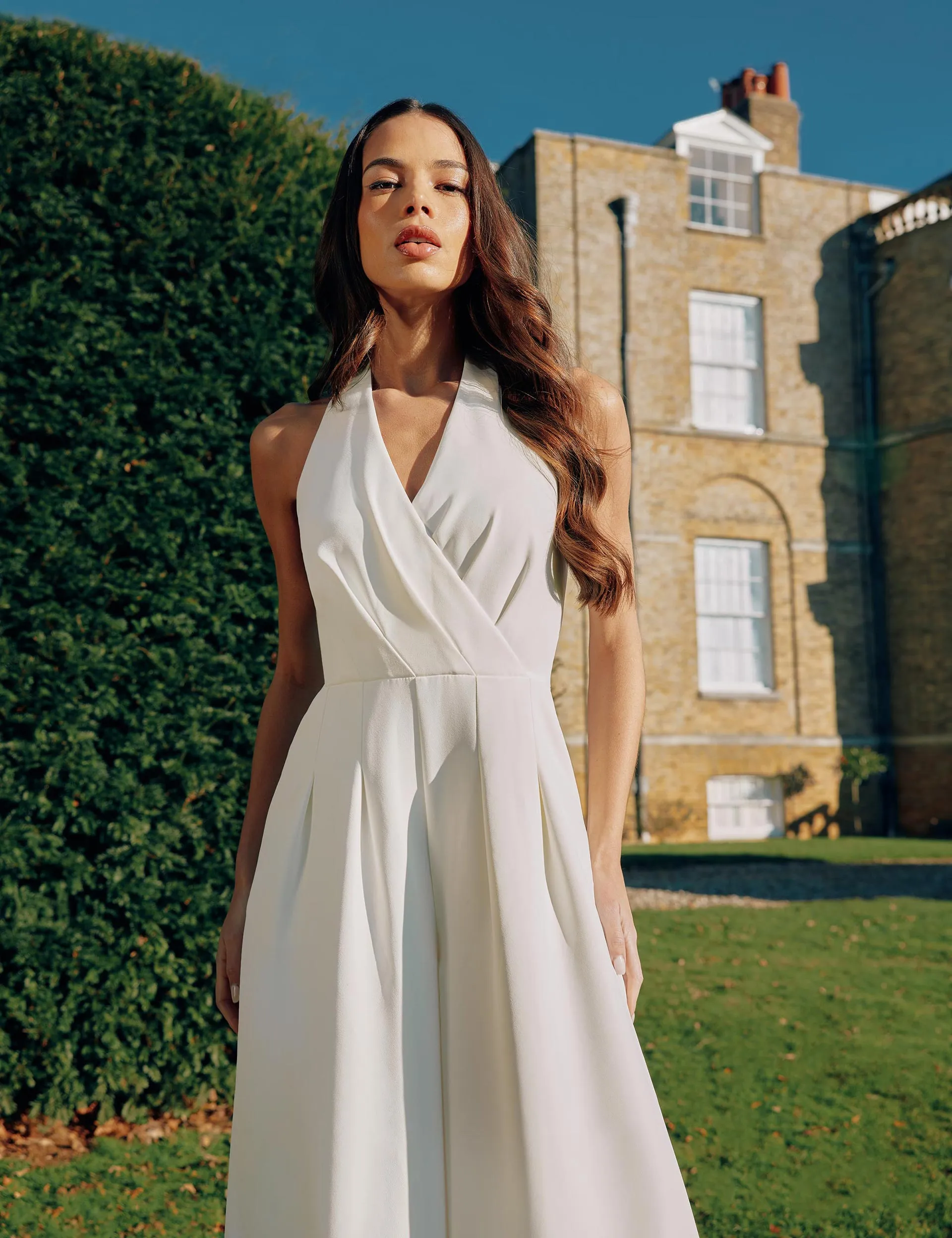 White Crepe Halterneck Wide Leg Jumpsuit