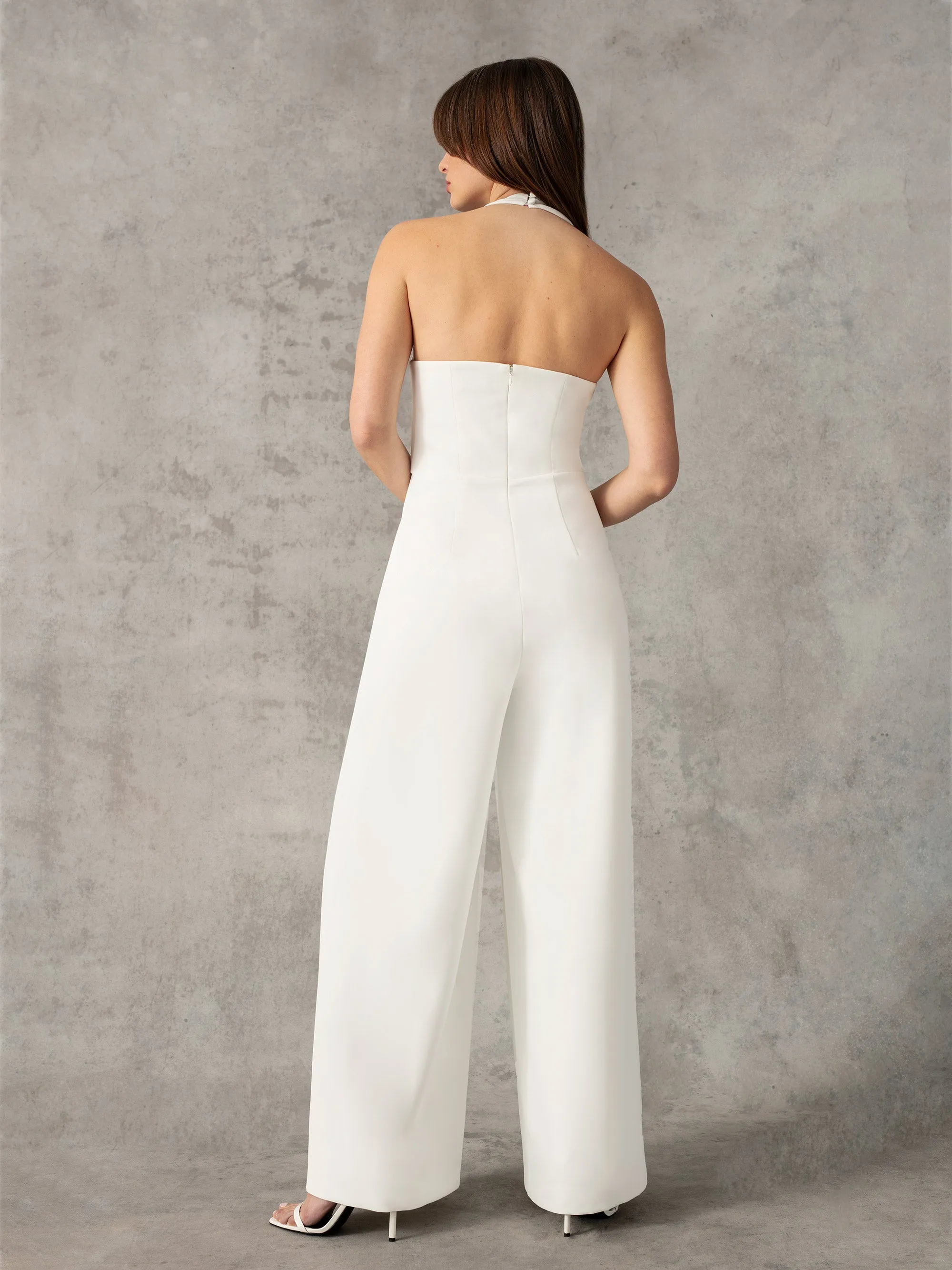 White Crepe Halterneck Wide Leg Jumpsuit