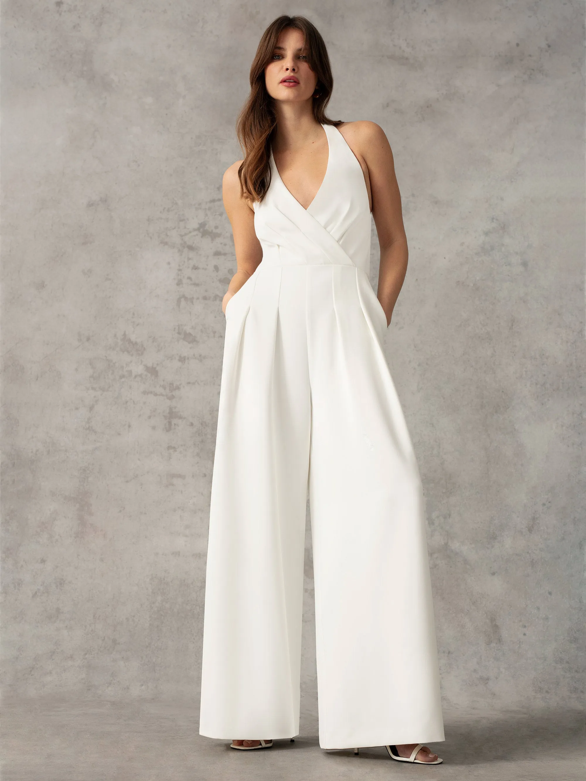 White Crepe Halterneck Wide Leg Jumpsuit