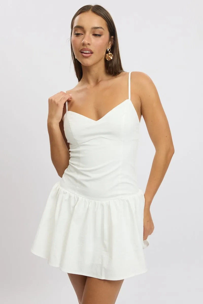 White Fit And Flare Dress Drop Waist
