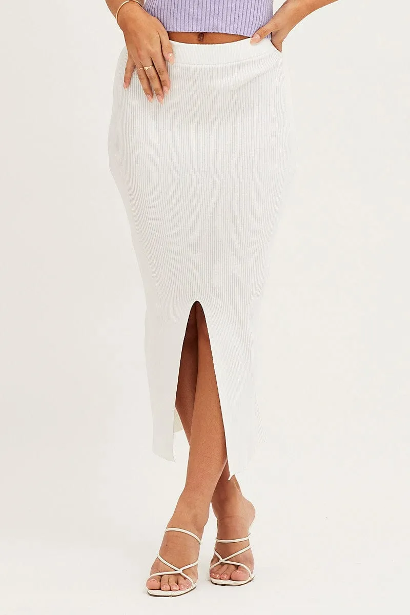 White Slit Knit Midi Skirt