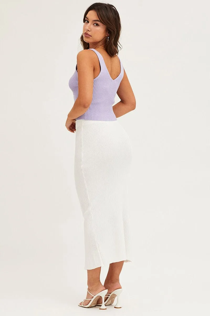 White Slit Knit Midi Skirt