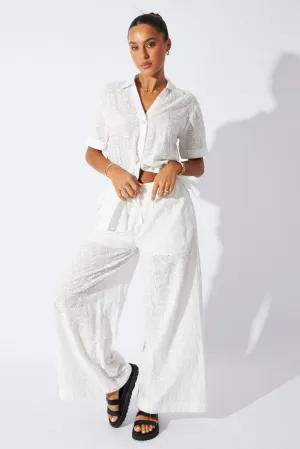 White Wide Leg Pants Mid Rise Eyelet