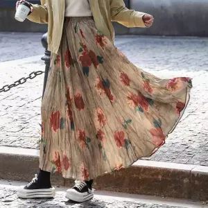 Women Spring Retro Cotton Printed Rose A-Line Skirt