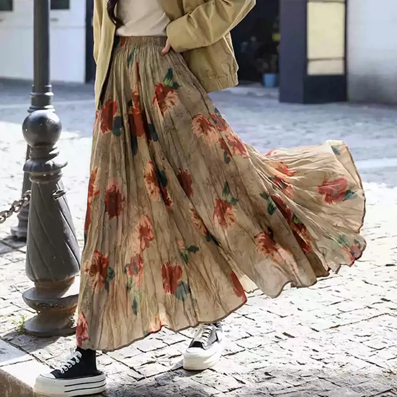 Women Spring Retro Cotton Printed Rose A-Line Skirt