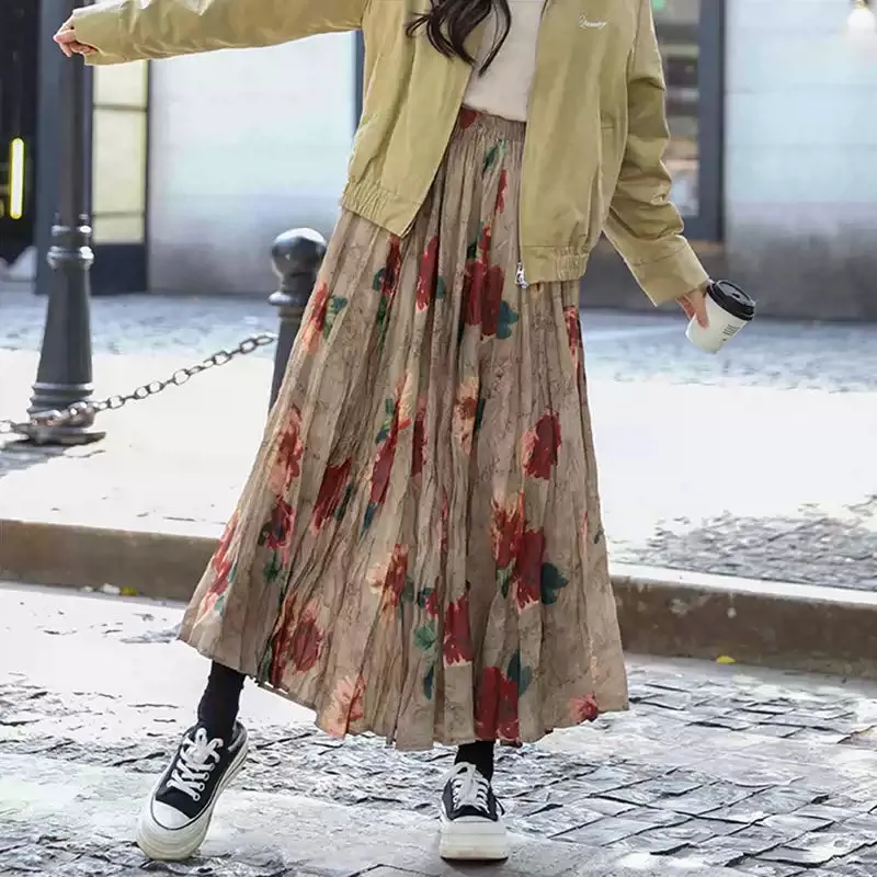 Women Spring Retro Cotton Printed Rose A-Line Skirt