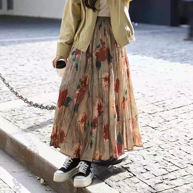 Women Spring Retro Cotton Printed Rose A-Line Skirt