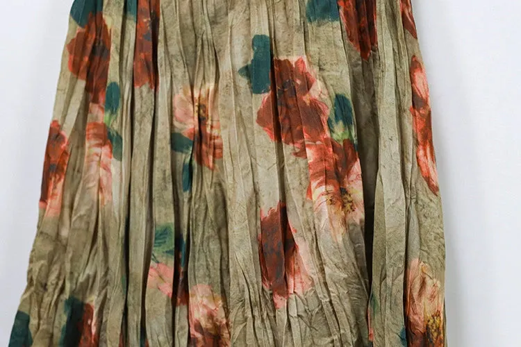 Women Spring Retro Cotton Printed Rose A-Line Skirt