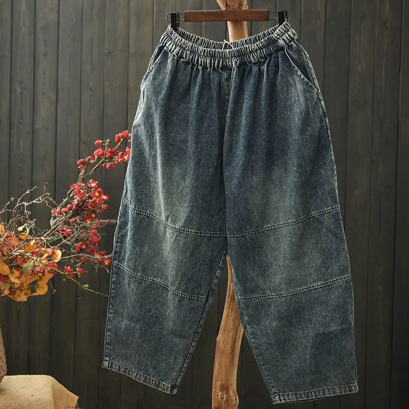 Women Spring Retro Denim Patchwork Loose Harem Pants