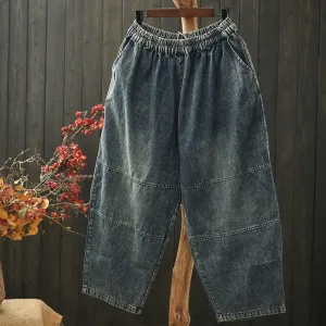 Women Spring Retro Denim Patchwork Loose Harem Pants