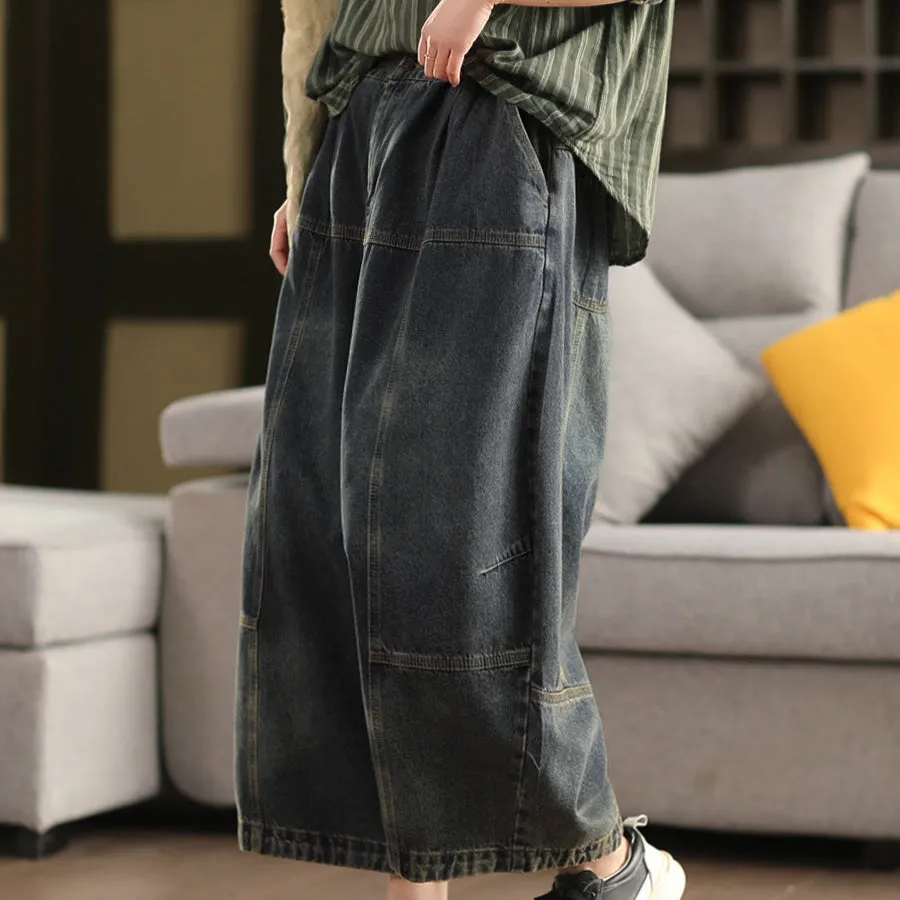 Women Spring Retro Denim Patchwork Loose Wide-Leg Pants