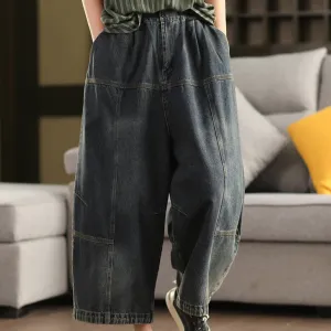 Women Spring Retro Denim Patchwork Loose Wide-Leg Pants